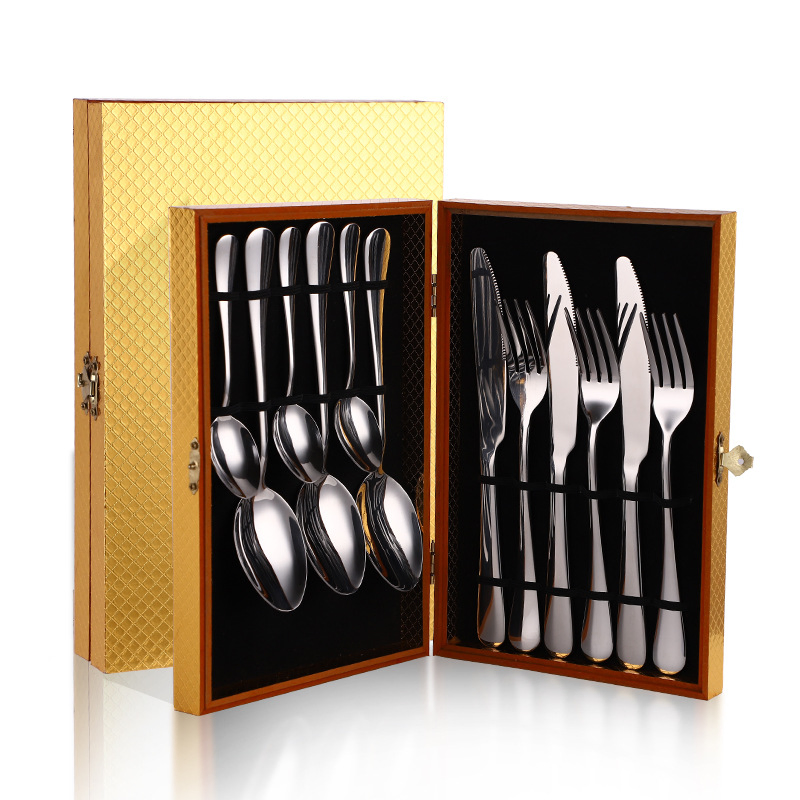 Stainless Steel Steak Knife and Fork Set 12 Pieces Western European Knife, Fork and Spoon Cutlery Set Gift Box Wooden Box Cutlery