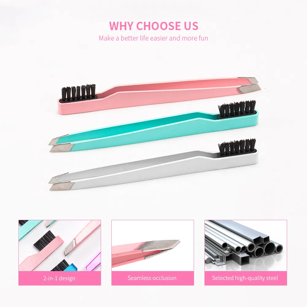 2 In1 Guangdong Slanted Eyebrow Lashes Hair Brush Tweezer Guangdong Rounded Steel Eyelash Tweezers