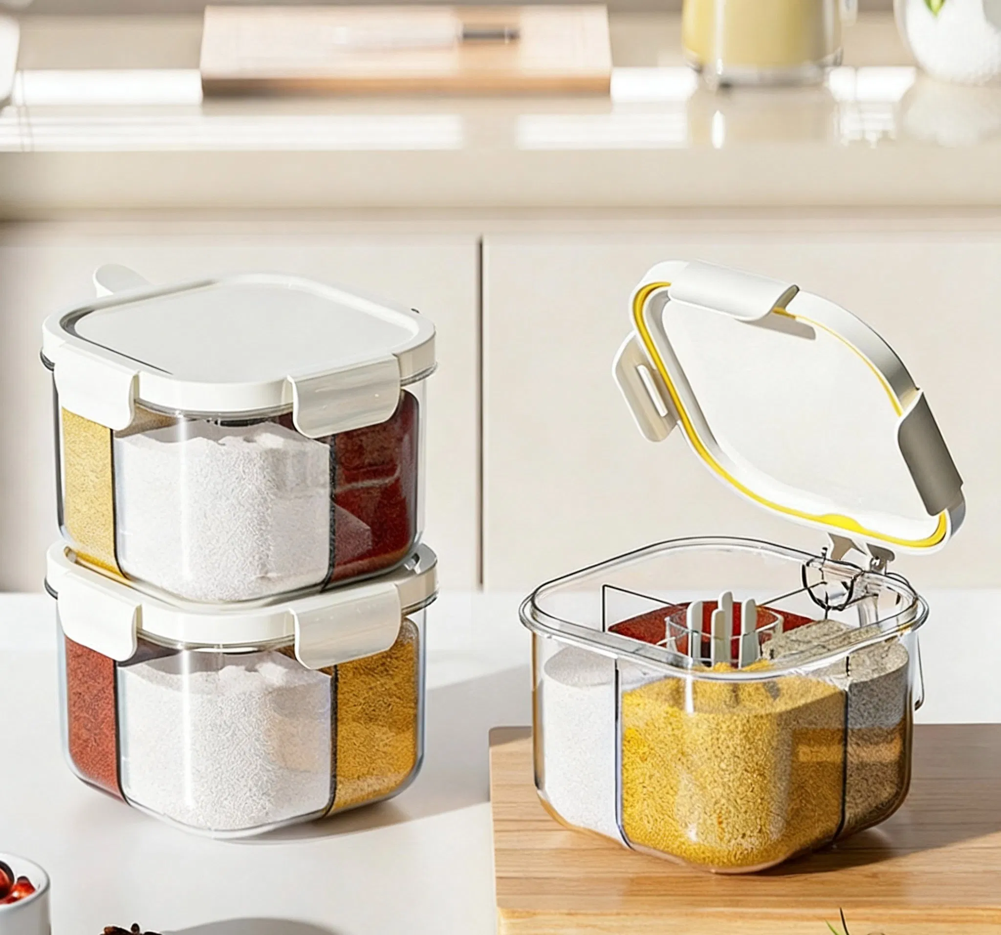 Seasoning Box - Kitchen Use - Household Seasoning Bottle and Jar - Four-Section Large Capacity Salt Seasoning Jar Storage Box