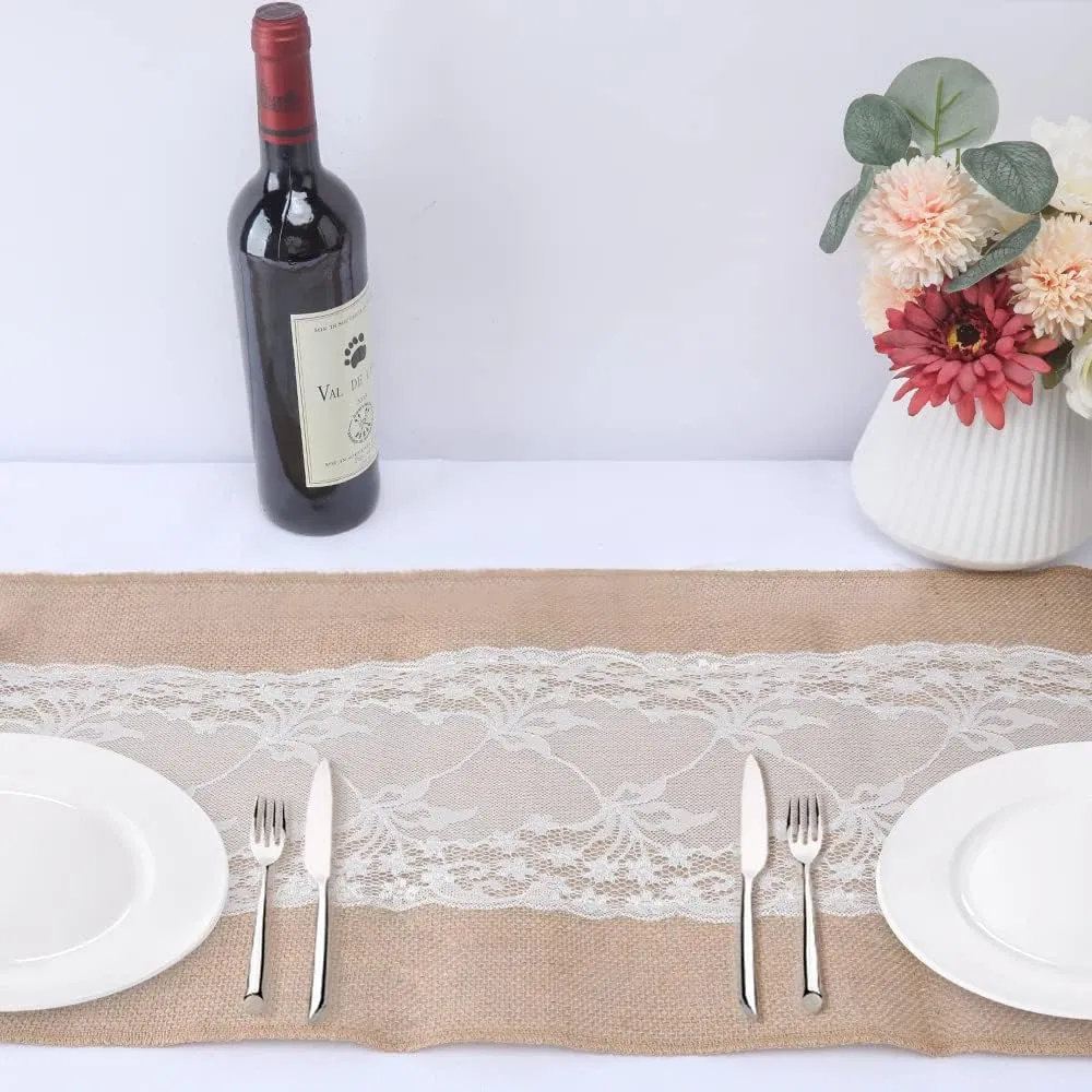 Wedding Customize White Lace Buralap Table Runner