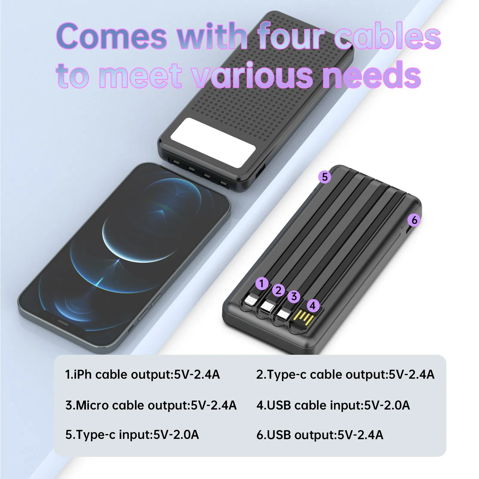 OEM Build in Cable 10000mAh Power Banks Build in Flashlight Power Bank