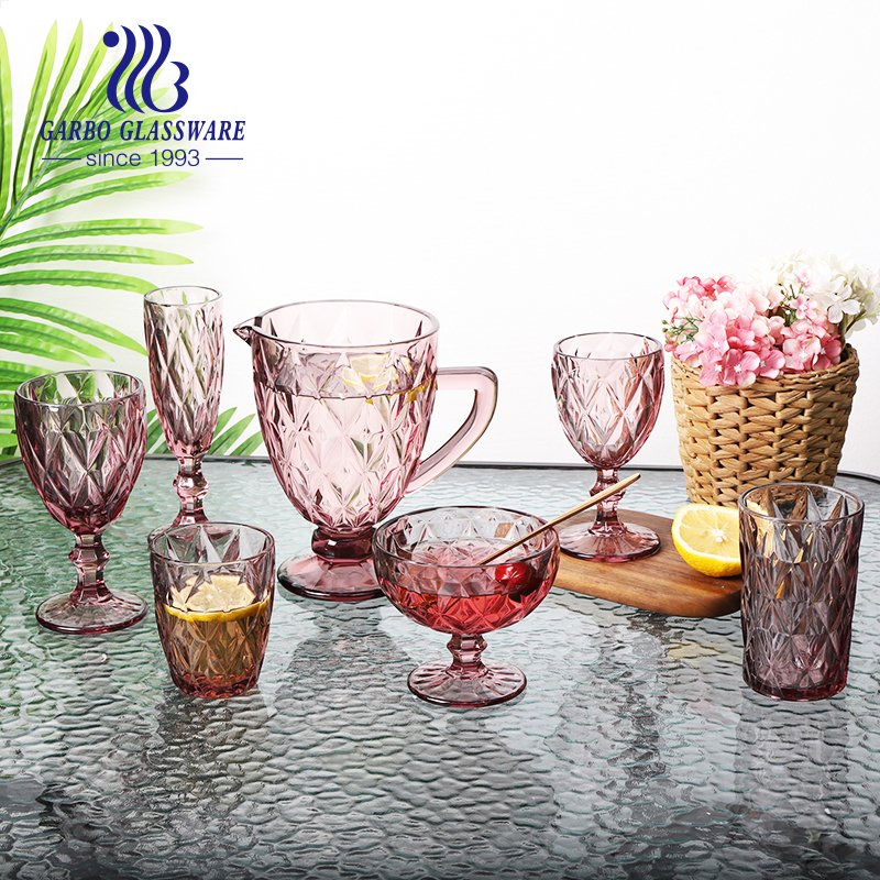 Pink Solid Glassware Set 7PCS Glass Drinking Set Colored 11oz Glass Pitcher Stemware Glass Goblet Flute Glass Goblet Wholesale Gift Order Glassware Set