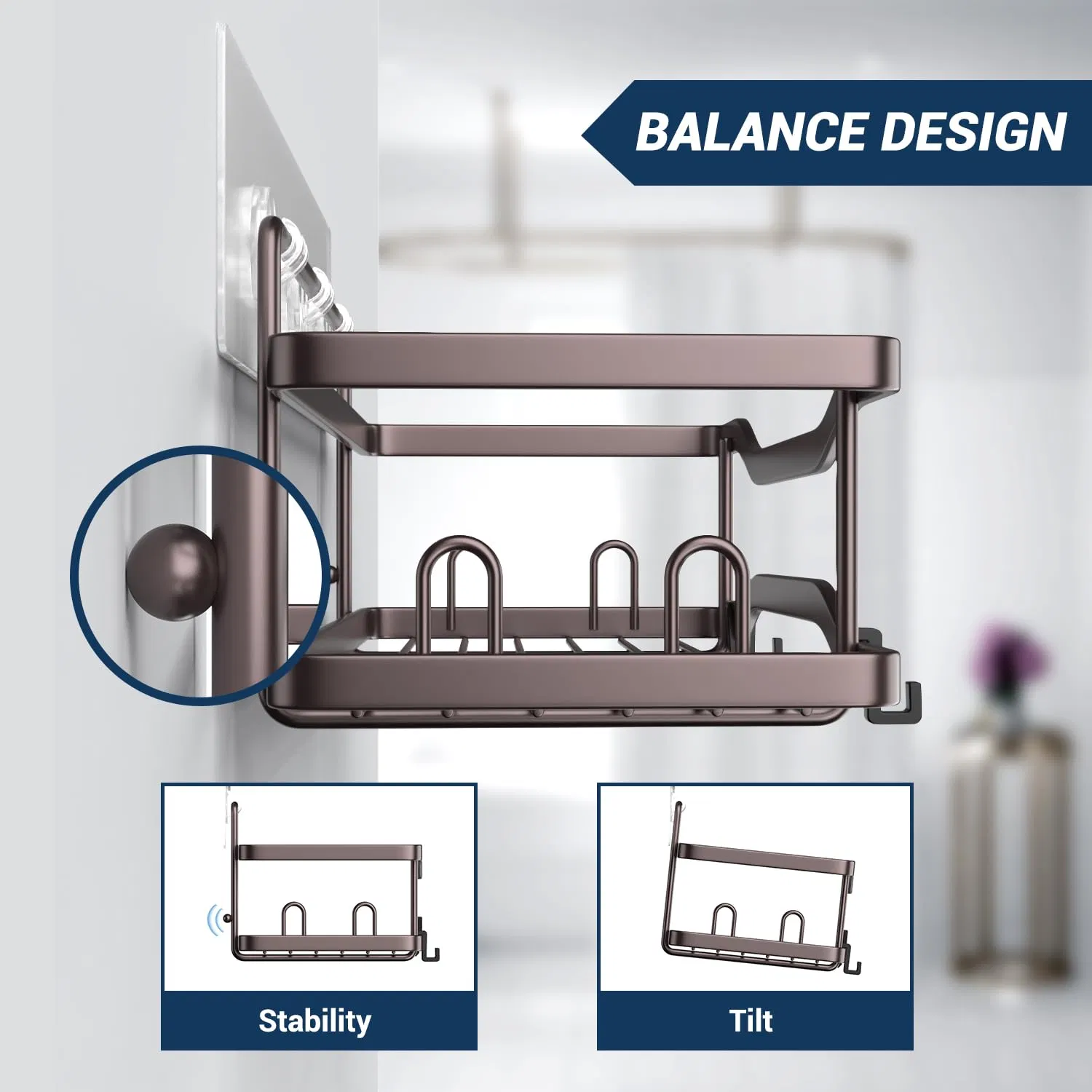 Hot Sale Bathroom Organizer Adhesive Shelves Hooks Stainless Steel Storage Bathtub Rack