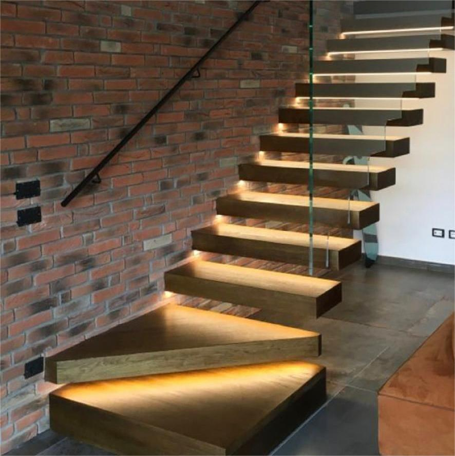 Modern DIY Installation Straight Wooden Floating Staircase with Built-in LED Step Lighting for Luxurious Apartment Interiors