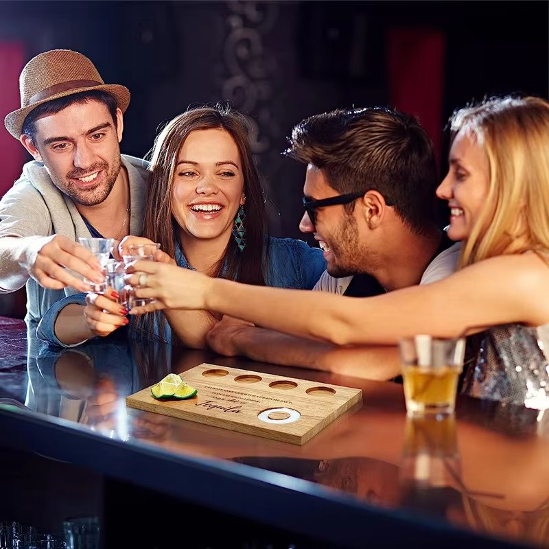 1.5oz/45ml Unique Rustic Wooden Bar Tray Holder Heavy Base Shot Glass Tray for Whisky Tequila with Serving Tray for Jose Cuervo