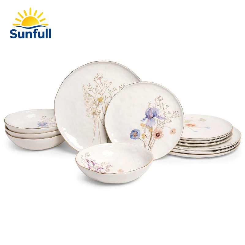 12-Piece Luxury Stoneware Dinnerware Set for 4- Glossy White Plates and Bowls Sets with Wildflower Patterns and Gold Rims, Ceramic Dish Set