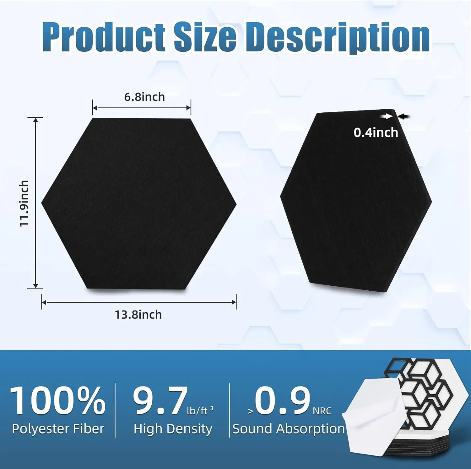 Noise Reduction Coefficient 0.9 Flame Resistant 12 Pack Self-Adhesive Hexagonal Acoustic Panels for Recording Studio Home Offices