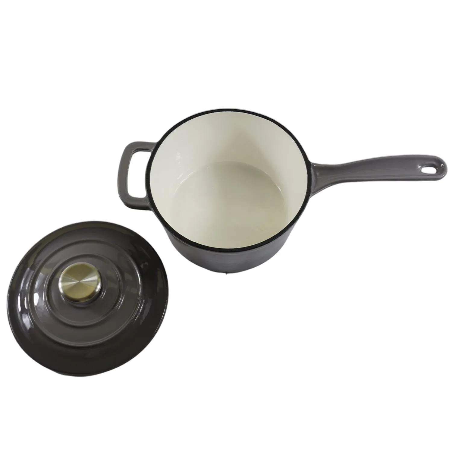 Эмалированная чугунная соусница с длинной ручкой и крышкой