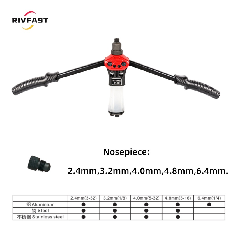 Manual Rivet Gun Kit for Metal Automotive 2.4mm, 3.2mm, 4.0mm, 4.8mm, 6.4mm