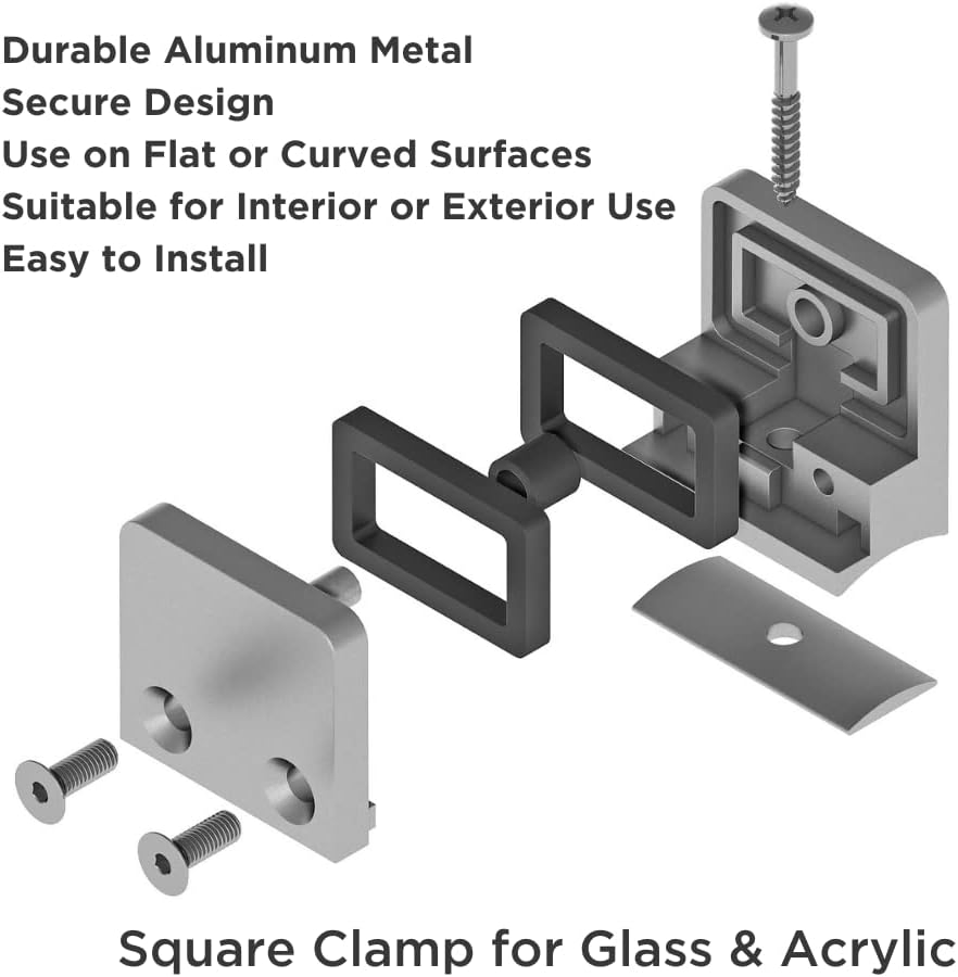 Square Glass Clamp, Glass Railing Latch, Silver Plated Aluminum Clip, Suitable for Flat and Curved Square Glass/Acrylic Surfaces. Suitable for Railings, Shelves