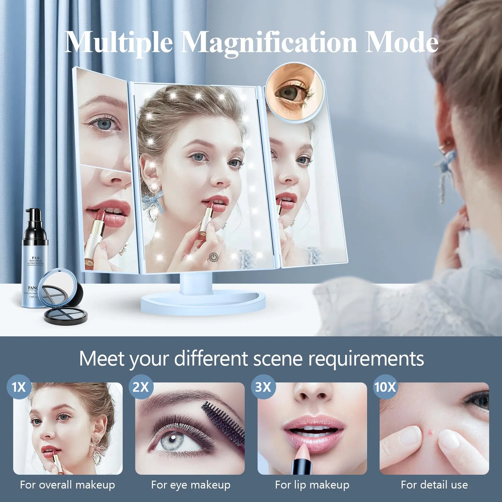 Modern 3-Sided Vanity Mirror with Lights - 2X/3X/10X Magnification, Touch Control, White (9.4X13.4 Inch) for Dressing Table & Bathroom