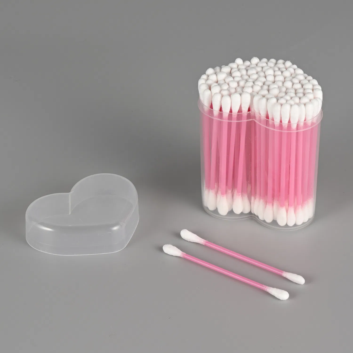 110PCS Plastic Pink Stick Cotton Buds Put in a Heart Style Jar