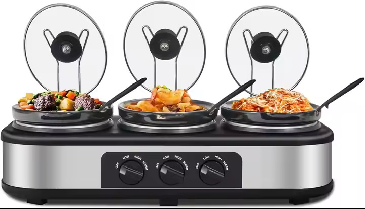Stylish 3X1.5qt Slow Cooker with Non-Stick Interior Design
