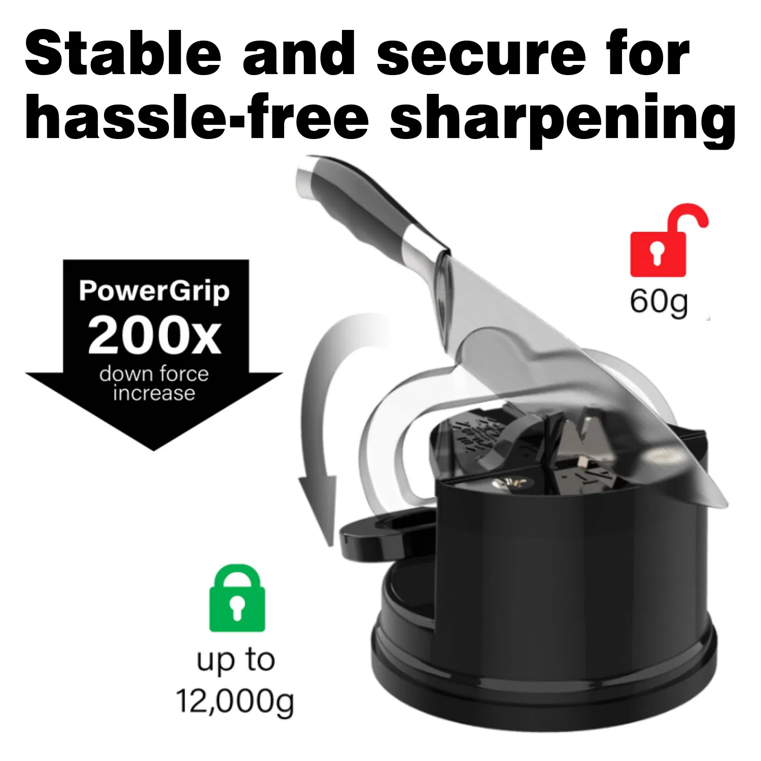 Black Knife Sharpener Powergrip Suction Base 200X Force Increase Mini Size Fast 3 Step Sharpening for Most Kitchen Knives Tool