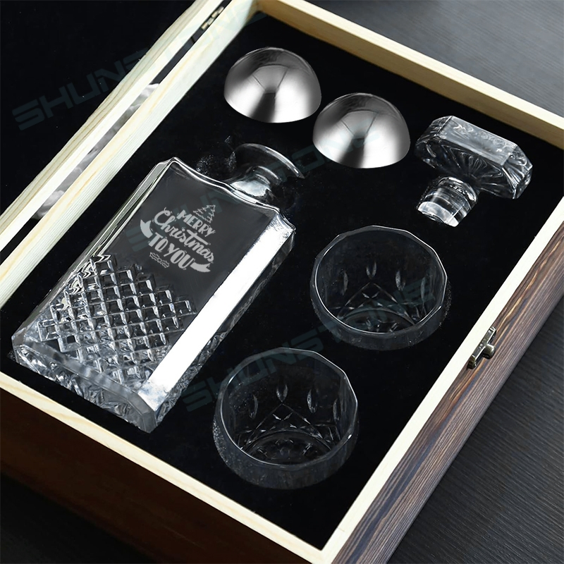 Shunstone Custom Logo Square Whiskey Decanter Gift Set Classical Whiskey Glass Reusable Whiskey Ball Christmas Fathers Day Gift