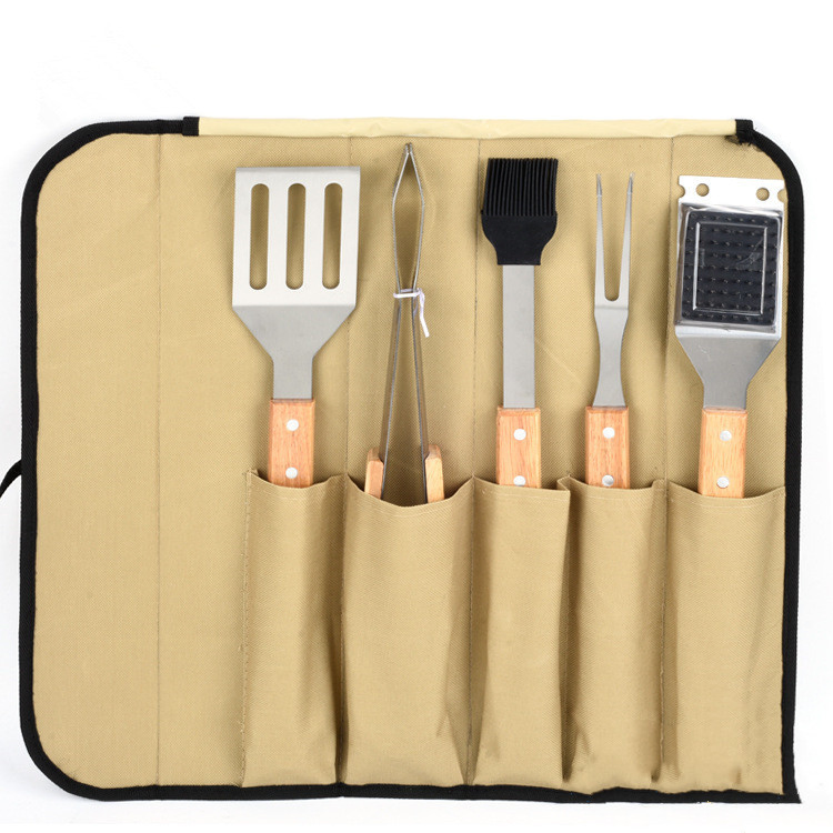 BBQ Tool Kit Gifts Barbecue Utensil Set for Home, Grill, Camping, Travel 5PCS Wooden Handle Grill Tool Set