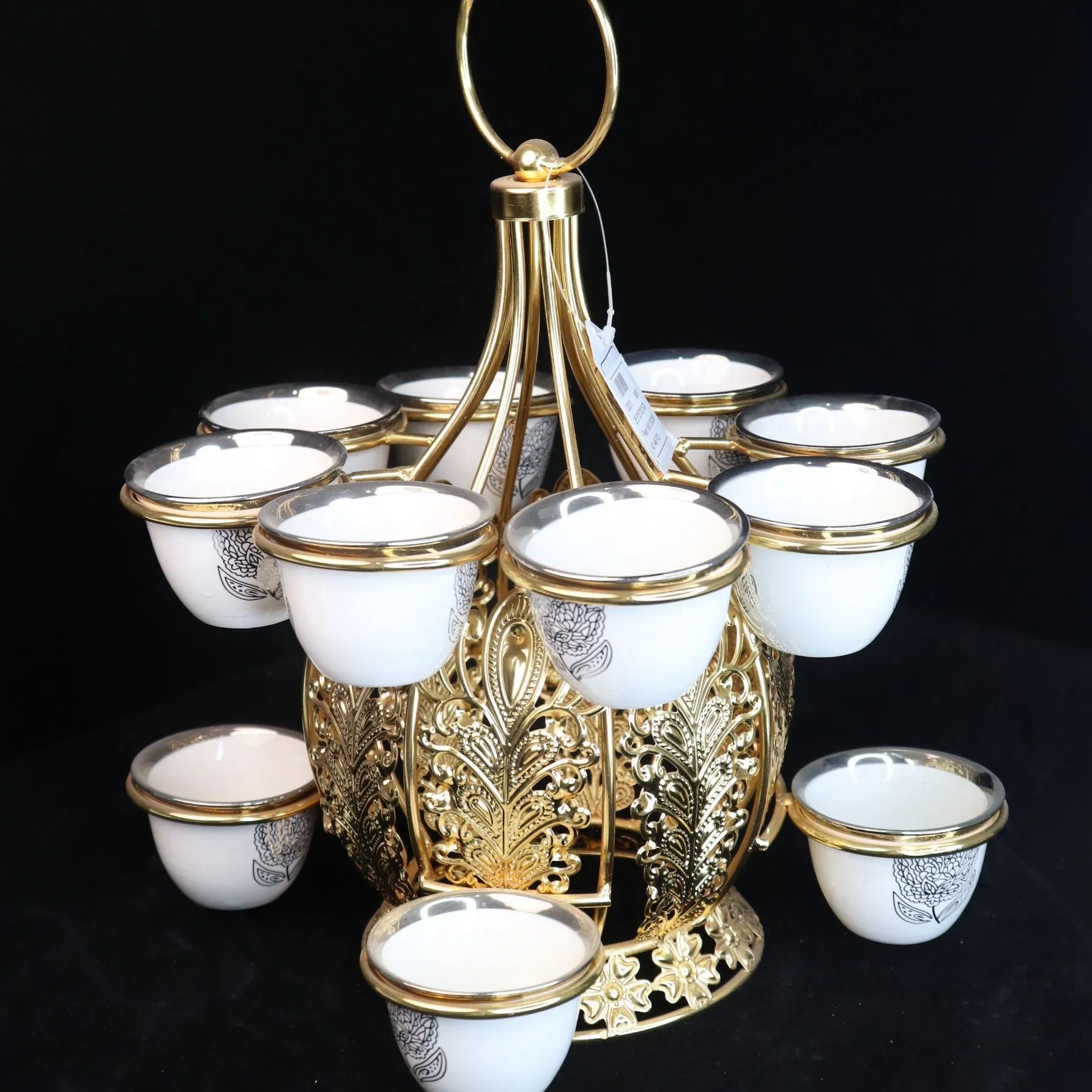 Decorative Gold-Plated Iron Frame with 12 Ceramic Tea Cup Ornaments Set