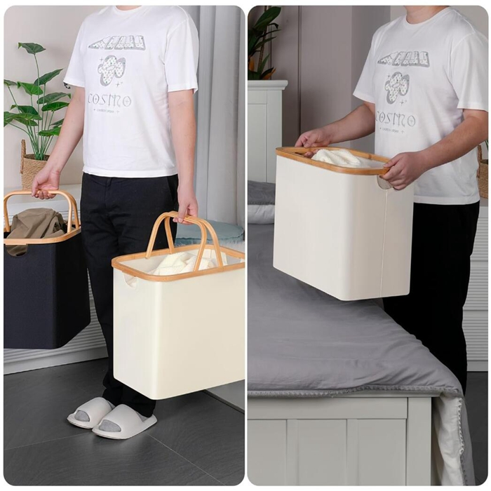 Fabric Storage Basket with Bamboo Handles for Shelves and Closet