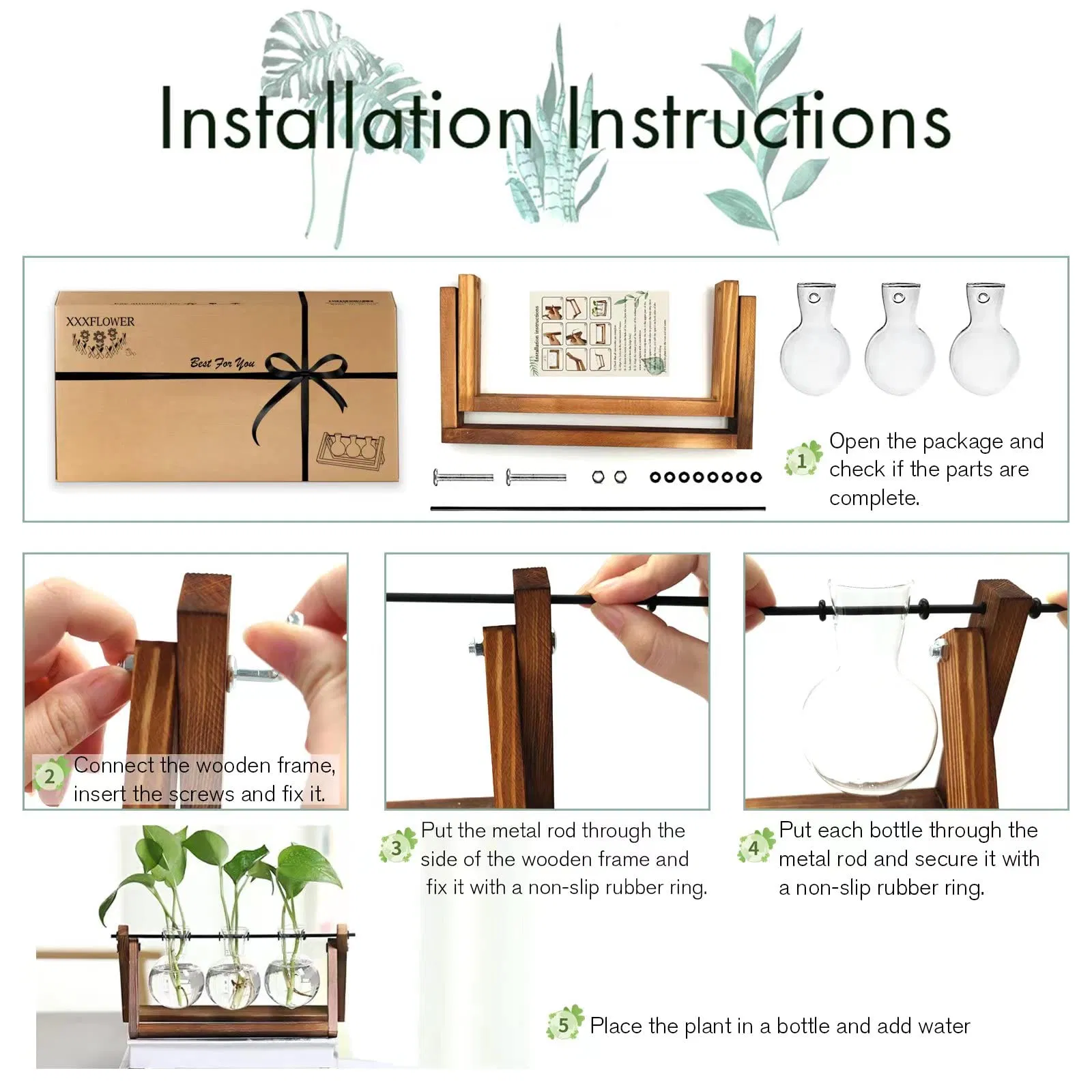 Terrarium Wooden Air Planter Metal Swivel Holder Retro Tabletop Plant Stand