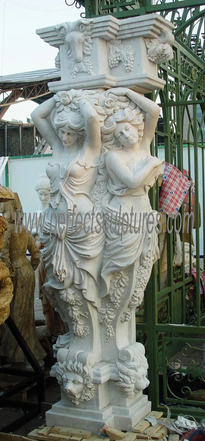 Outdoor Garden Ornament Luxury Decorative White Stone Pillars Carved Marble Column with Figure Statue (QCM258)