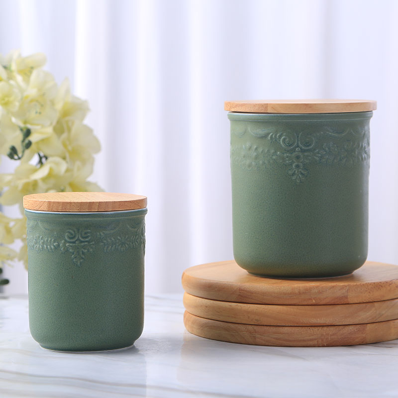 Wholesale Kitchen Tea Coffee Sugar Ceramic Storage Jars Canisters with Wooden Lids