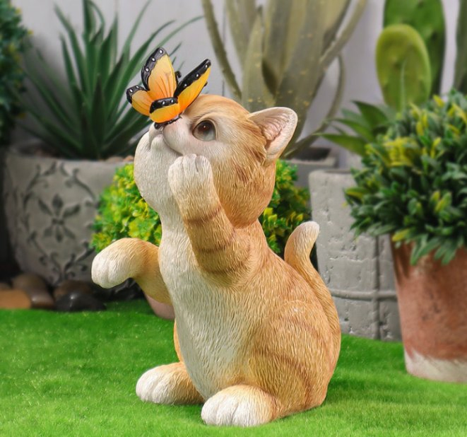 Solar Garden Statue Cute Cat Figurine Fun Color Changing LED Butterfly Light