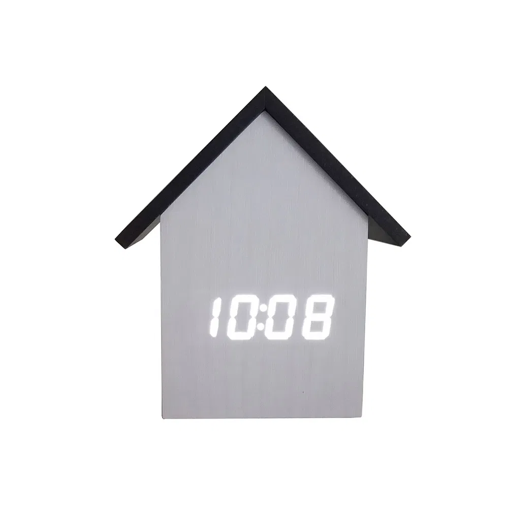 House Shape Wood LED Alarm Voice Control Home Temperature Display Clock Smart Gift