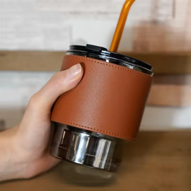 Glass Mug Tea Coffee Restaurant Vintage Amber Water Glass Cup with Lid and Straw