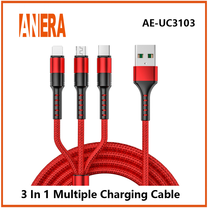 Gold Flexible 3 in 1 5A Fast Charging Cable USB2.0 to Type-C&Android&Lightning Mobile Phone Cable