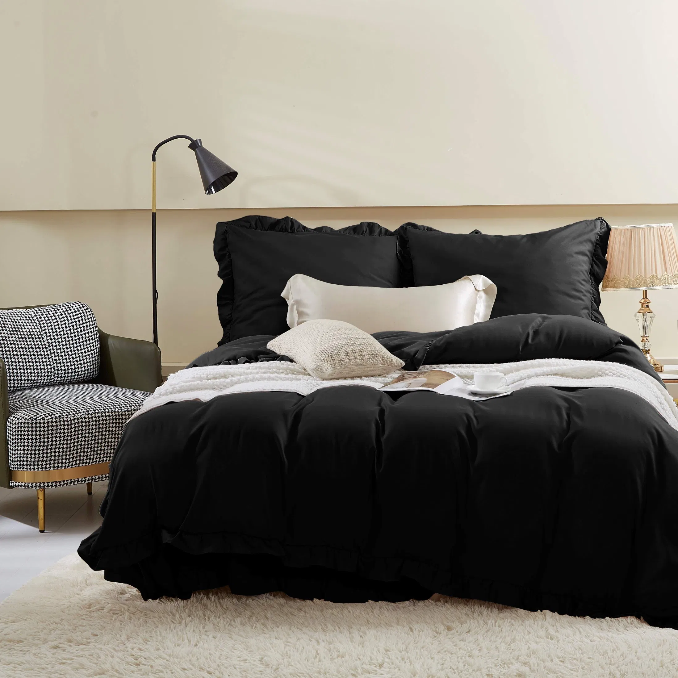 Micofiber Ruffles Bed Quilt Cover King/Queen/Twin Sizes for All Seasons-Black Color