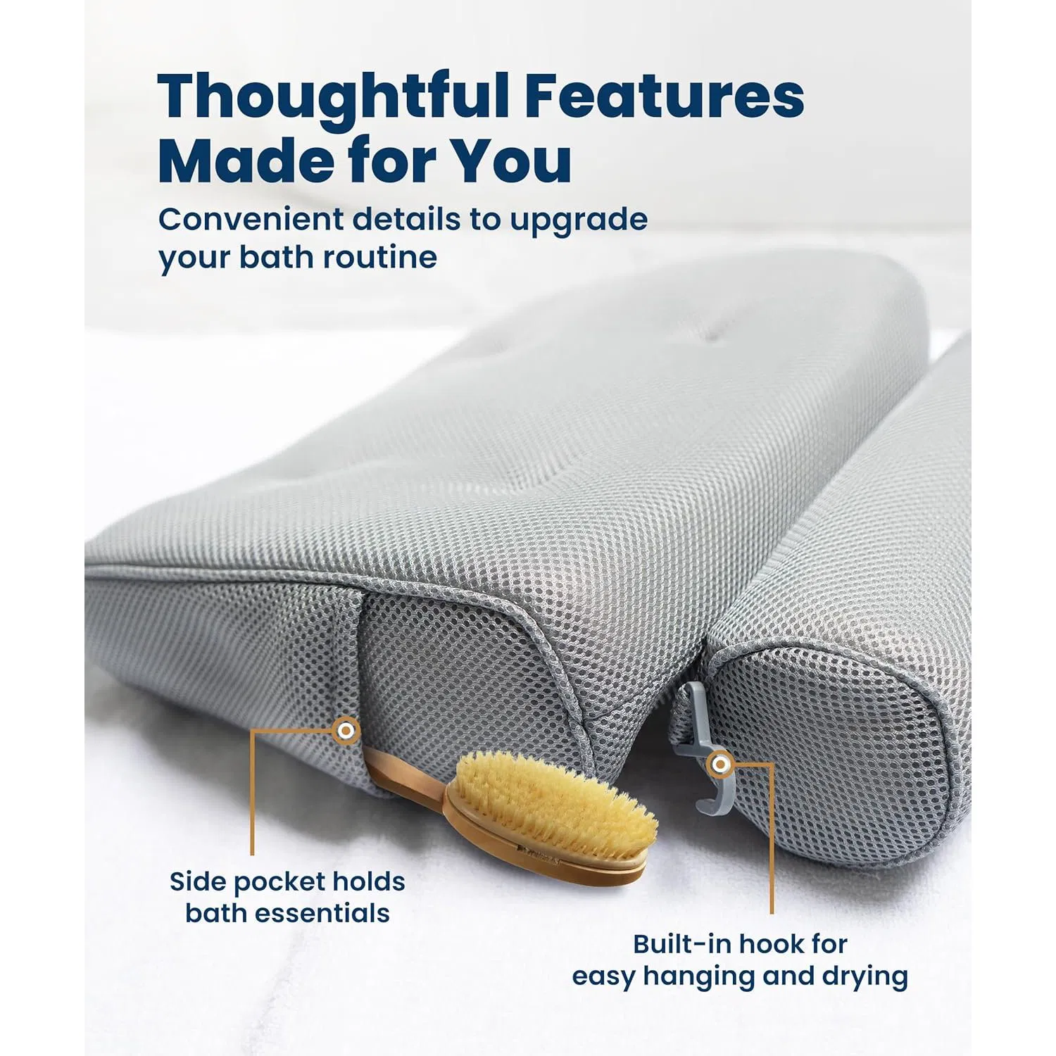 Comfortable Luxury Non-Slip Quick-Drying Light Weight Grey Bath Pillows for Tub