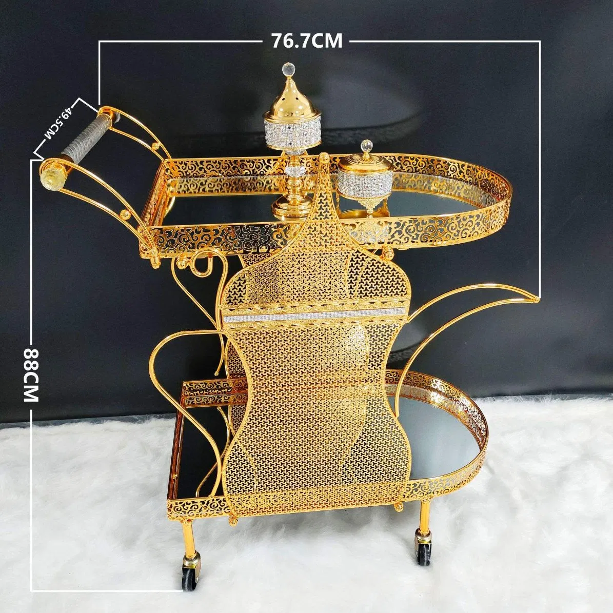 Hotel Dining Cart Golden Party Wedding Banquet Wine Cart Metal Handcart