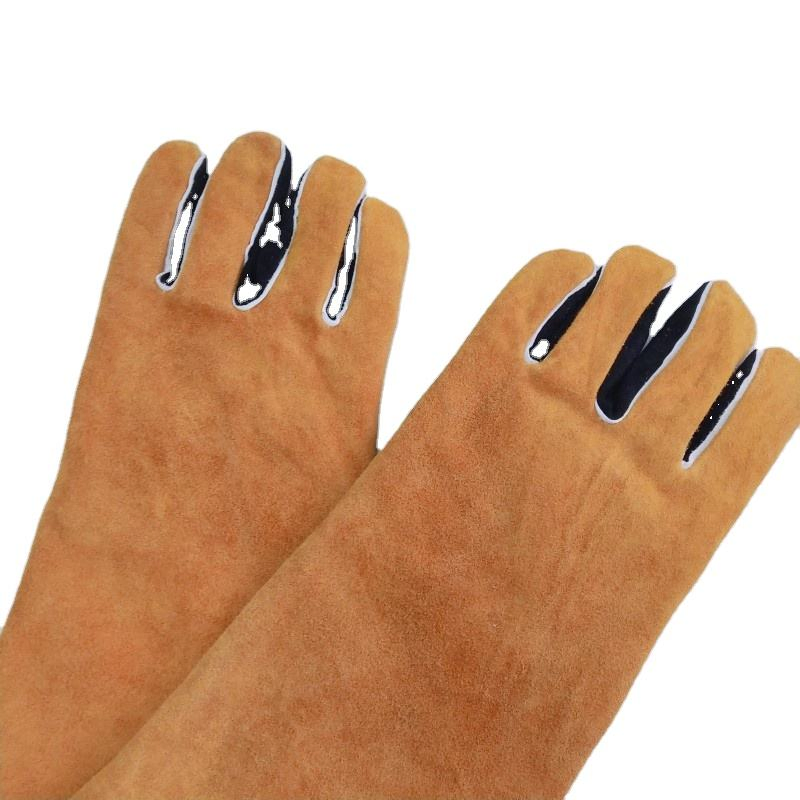 L41cm Cowhide Leather Baking Oven Mitts Grill Mitten with Long Sleeves Heat Resistant BBQ Gloves