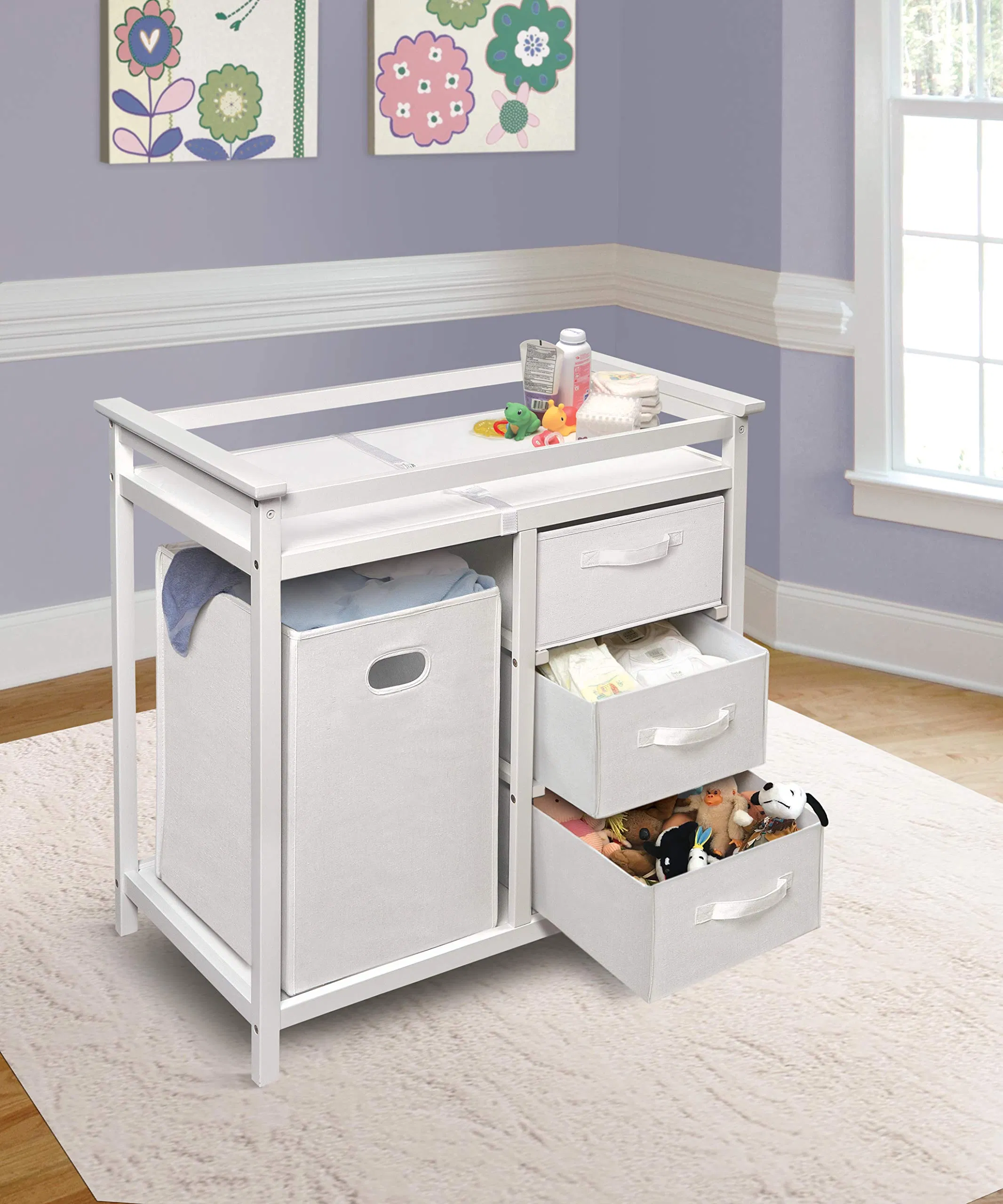 Modern Laundry Hamper 3 Storage Baskets Pad Baby Changing Table