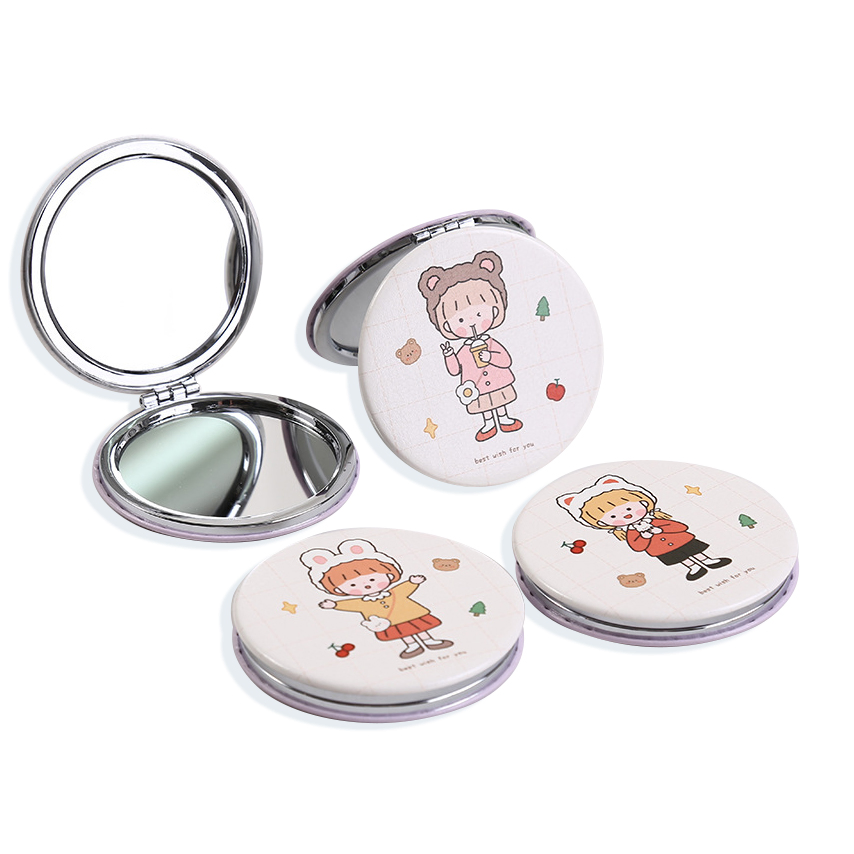 Custom Logo Foldable Leather PU Plain Cosmetic Mini Metal Pocket Vanity Makeup Rounded Floor Mirror