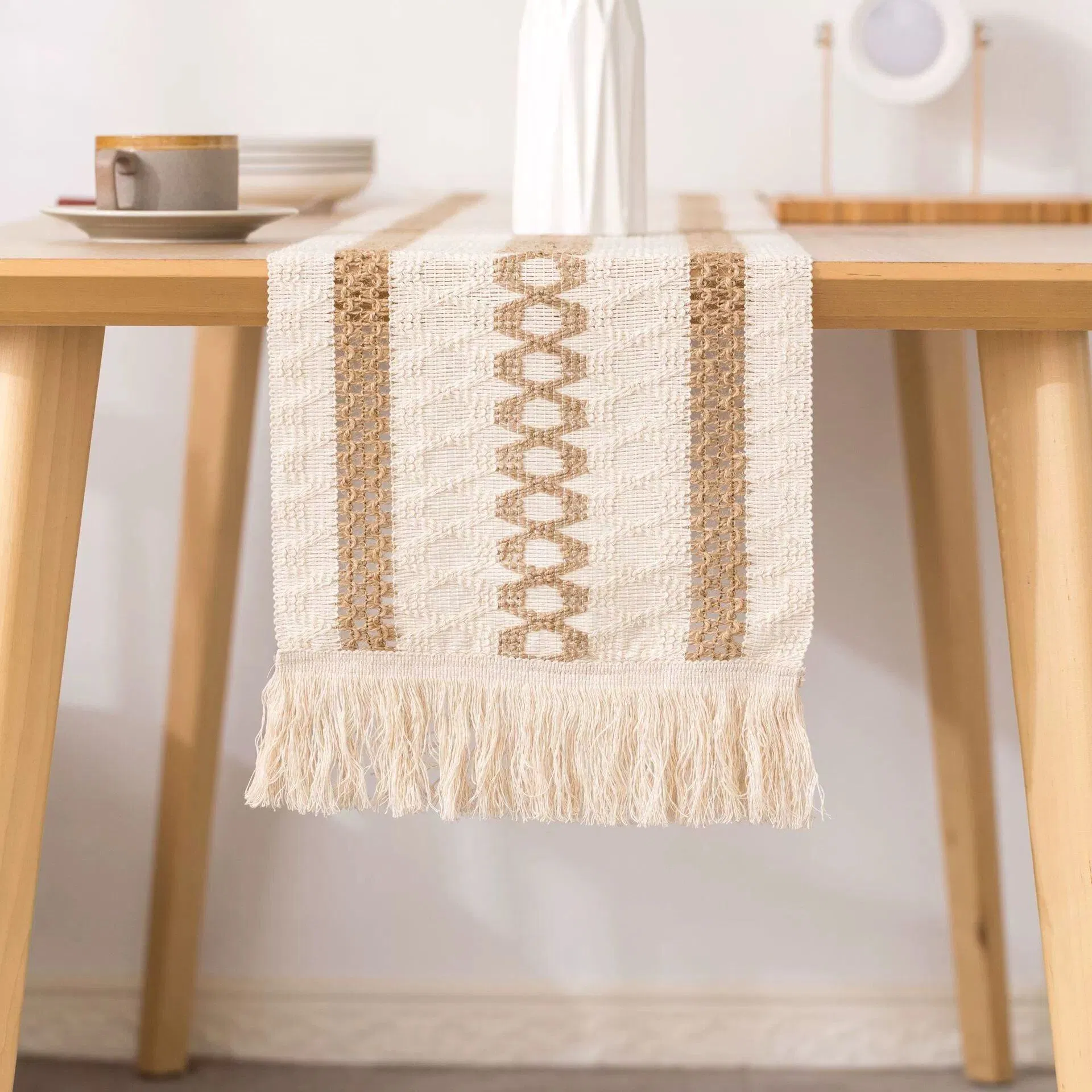 12inch Macrame Splicing Cotton Burlap Table Runners Jute Table Runner with Tassel