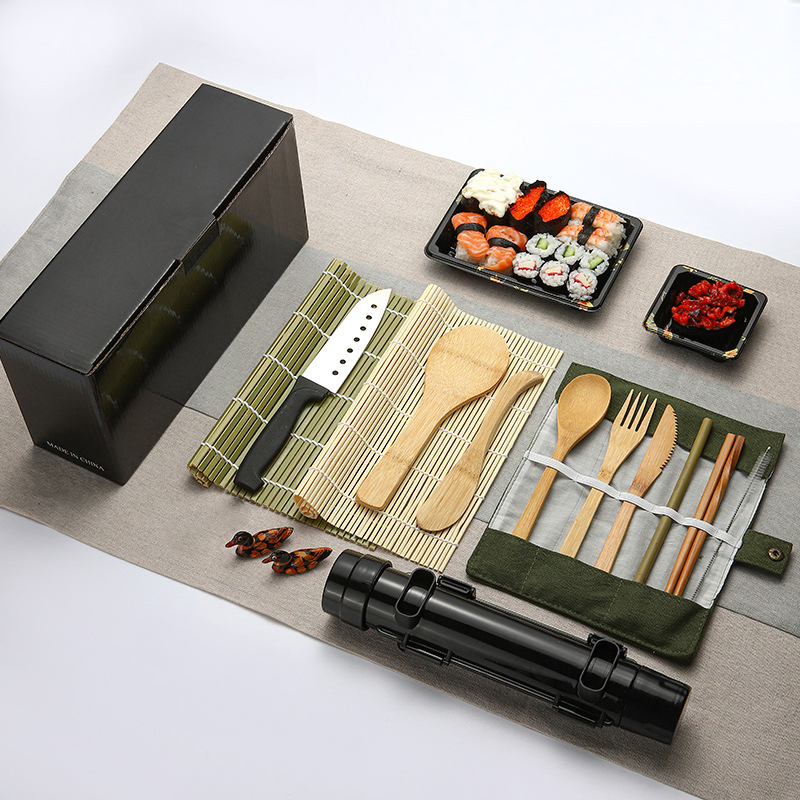Sushi Making Tools-Sushi Knife, Bamboo Rolling Mat, Ceramic Plate, Japanese Rice Spoon, Onigiri Sushi Mold Set