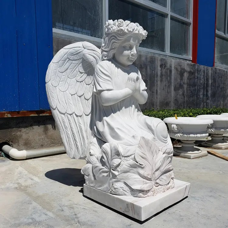 Customized Hand Carving White Marble Stone Praying Winged Baby Angel Sculpture