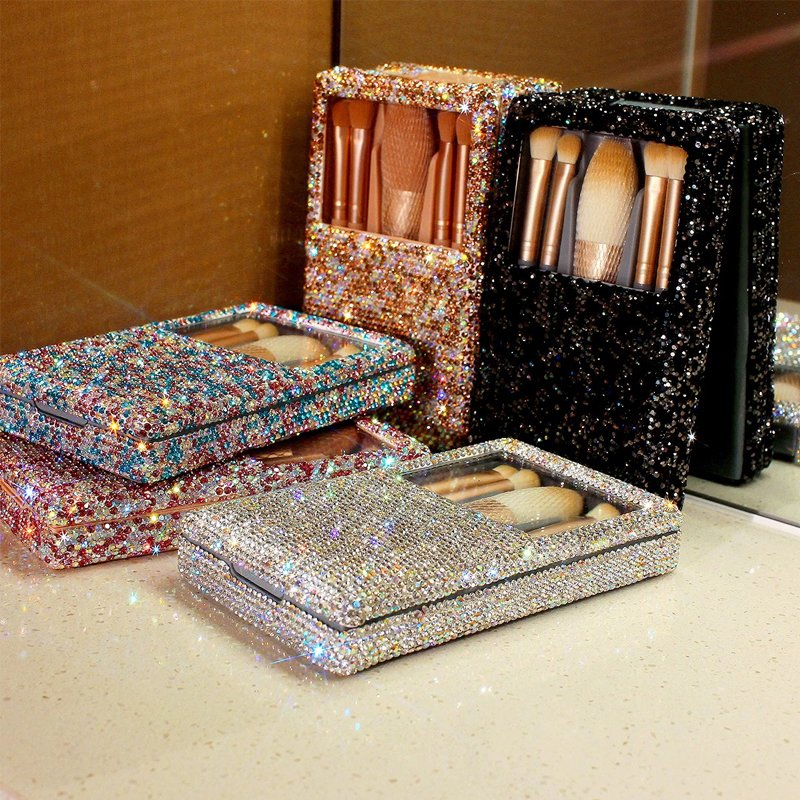 5PCS Wholesale Shiny Diamond Box with Travel Makeup Brush Mini Portable Makeup Brush Set with Mirror Blush Brush