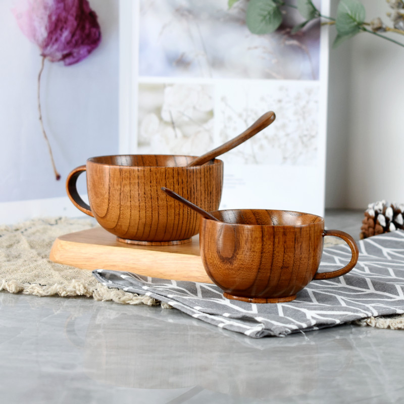 Solid Wood Cup Wooden Handle Milk Cup Can Print Logo Japanese Date Wood Coffee Cup Three-Piece Set