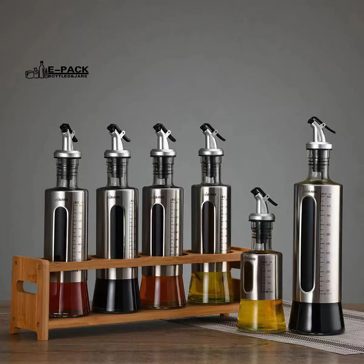 Household Empty Kitchen Oil Olive Soy Sauce Vinegar Cooking Wine Storage Dispenser Glass Bottle with Stainless Steel Push Type Seasoning Can Container