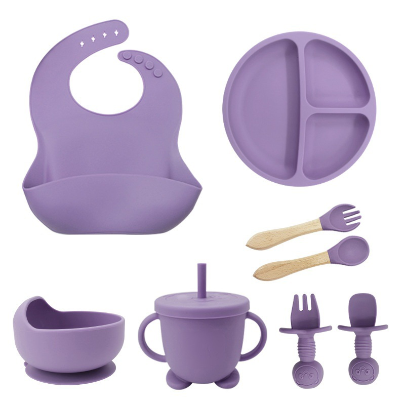 Baby Silicone Tableware Sets FDA LFGB Certified BPA Free Suction Plate Bowl Bib Spoon Set Baby Tableware Set