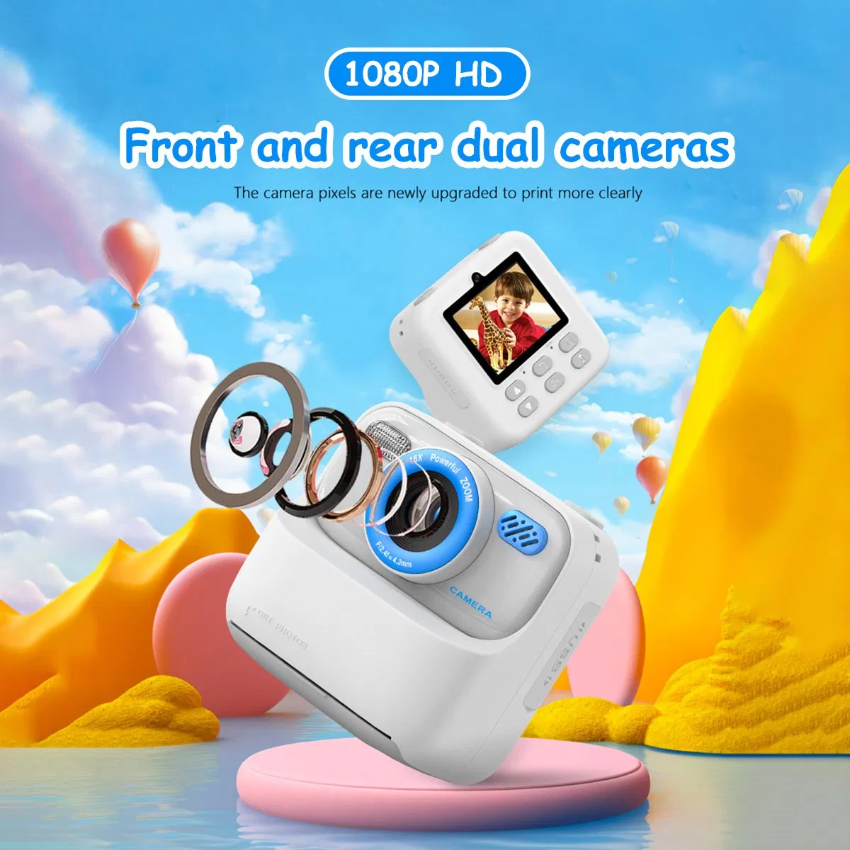 P79 Photo Instant Print Kids Digital Camera Fun Game HD 1080P Dual Lens Camera with 32g Memory Card - White