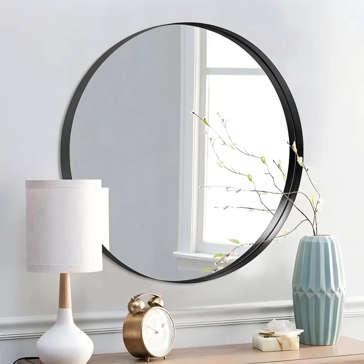 Modern Framed Round Wall-Mount Mirror Home Decor Mirror for Bathroom Living Rooms