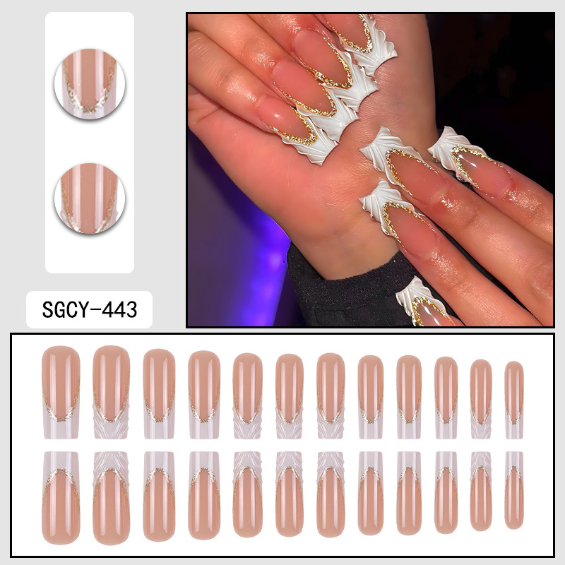 Cross-Border Explosive Long Water Pipe European and American Fake Nail Finished Products 3D Three-Dimensional French False Nail Wearable Nail Art