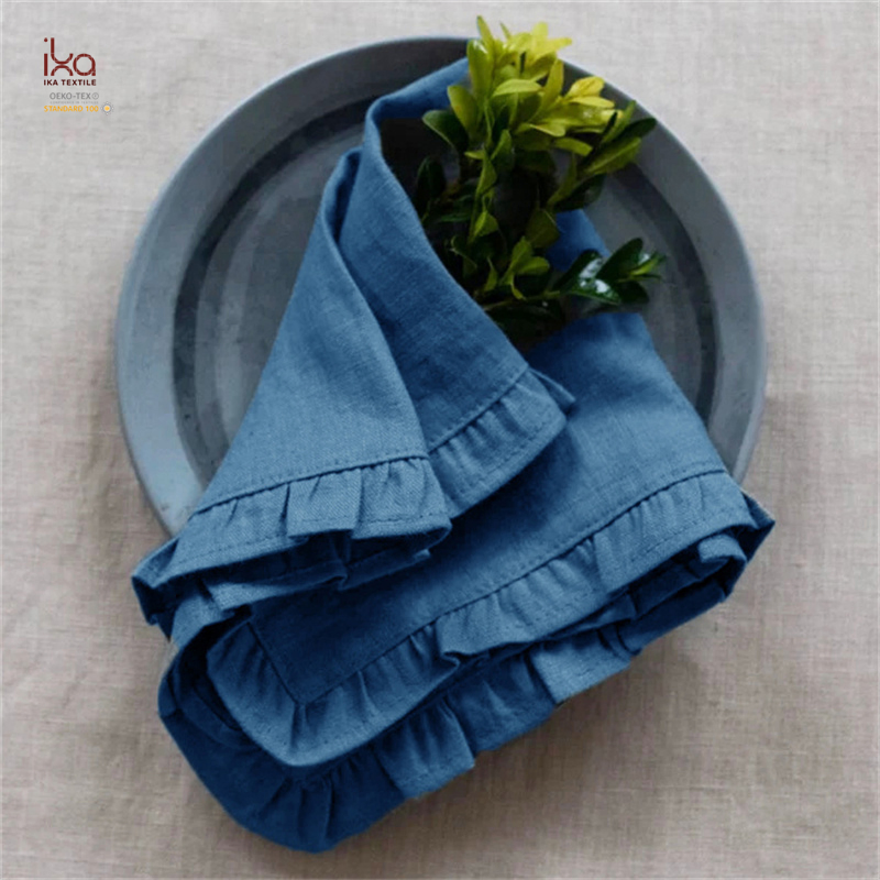 Wholesale Wedding Decoration Items Rustic Home Decor Natural White Party Dinner Ruffle Custom Printed Pure Linen Napkin with Embroidery Logo