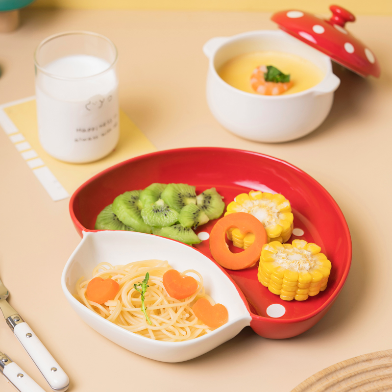 Mushroom Tableware Set Cute Ceramic Divider Plate Binaural Stew Soup Bowl