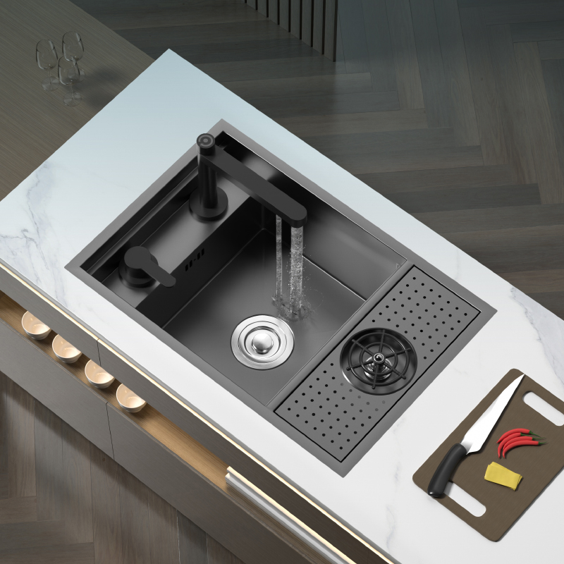 Stainless Steel Handmade Multifunction Single Double Bowl Wash Kitchen Sink with Glass Cup Rinser Sink Can Be Hidden