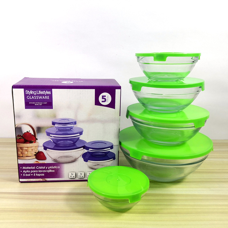 Fresh-Keeping Bowl Five-Piece Set Square Glass Bowl with Lid