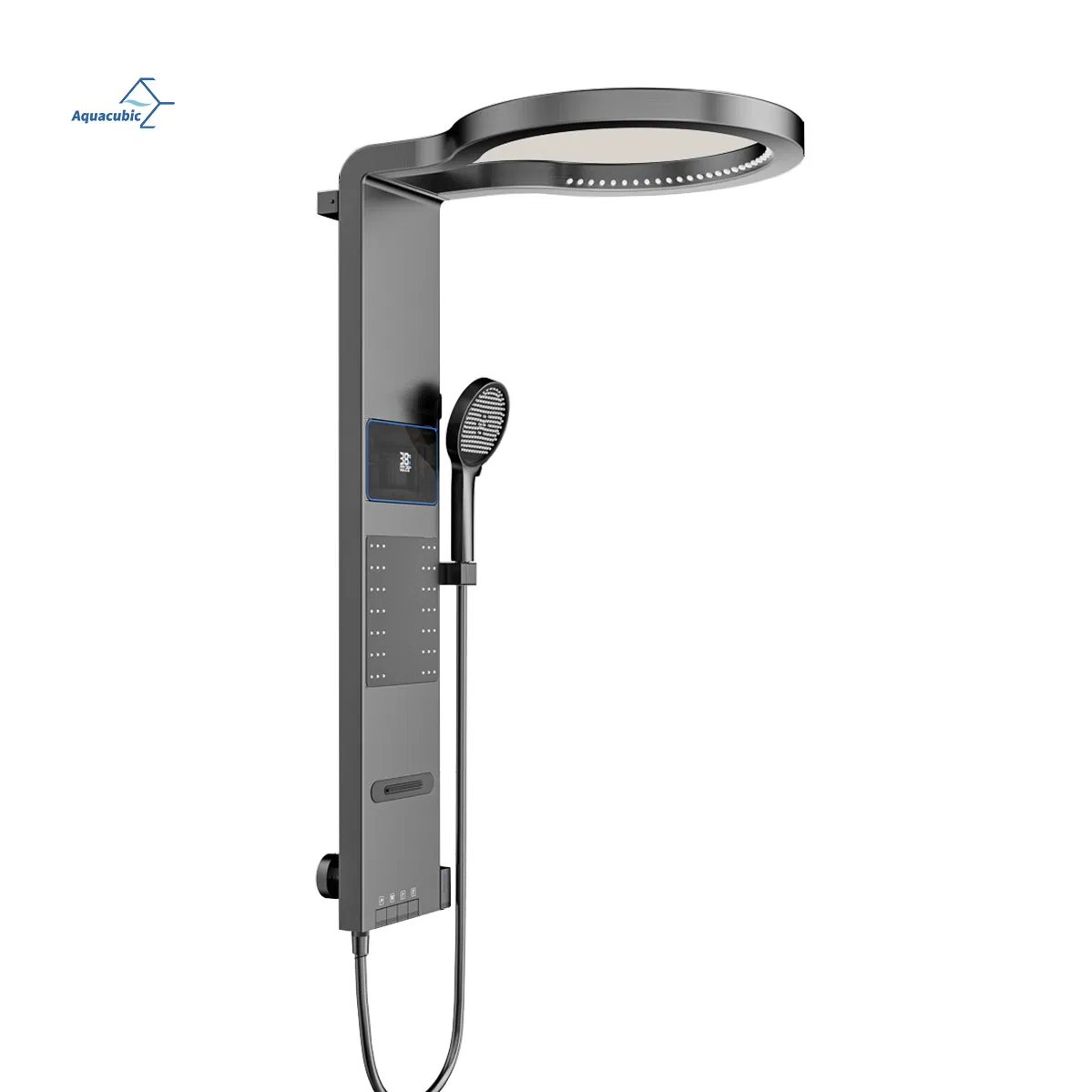 Smart Grey Shower Panel System - Aluminum Waterfall Column with Thermostatic Control & LED Mood Lighting